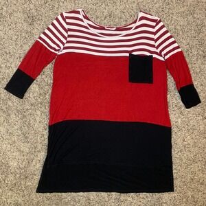 REBORN J Color Block Striped Pocket Tunic Top Red Black White Women's Small